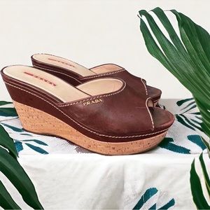 Prada Brown Tan Wedge Sandals with Peep-Toe